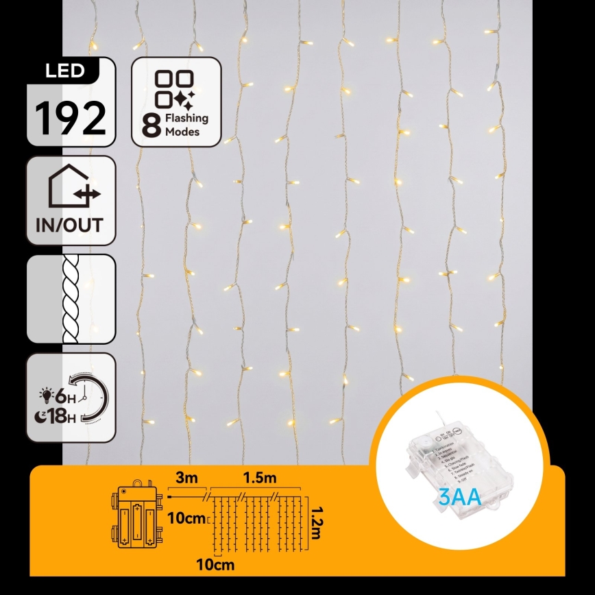 Aigostar - Ghirlandă de Crăciun LED pentru exterior 192xLED/8 funcții 3xAA 4,5x1,2m IP44 alb cald