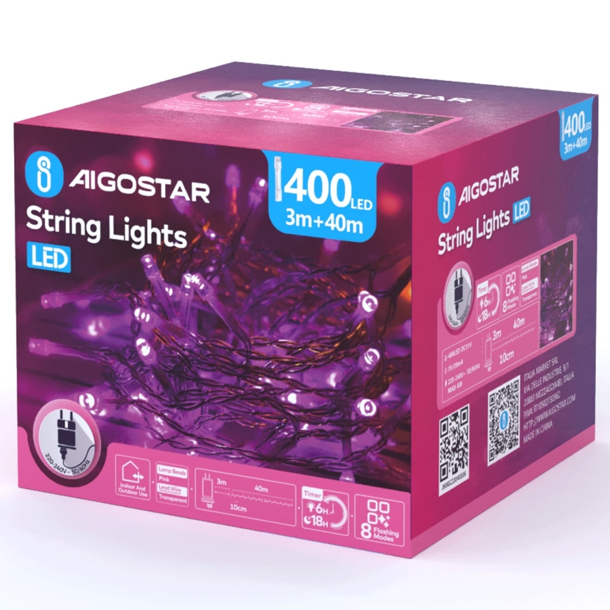 Aigostar - Ghirlandă de Crăciun LED pentru exterior 400xLED/8 funcții 43m IP44 roz