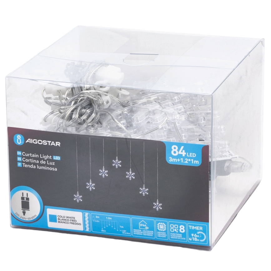 Aigostar - Ghirlandă LED de exterior pentru Crăciun, 84 LED-uri / 8 funcții, 1,2 x 1 m, IP44, alb rece, fulgi