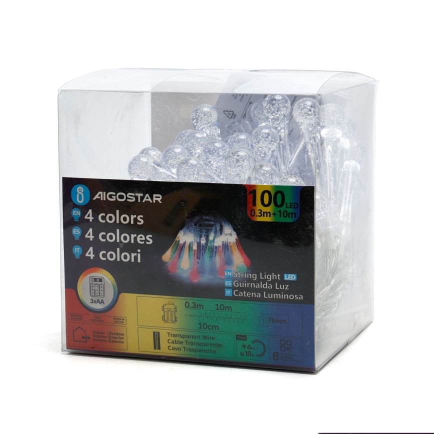 Aigostar - Ghirlandă LED de exterior pentru Crăciun, 100 LED-uri, 8 funcții, alimentare 3x AA, 10 m, IP44, picături multicolore