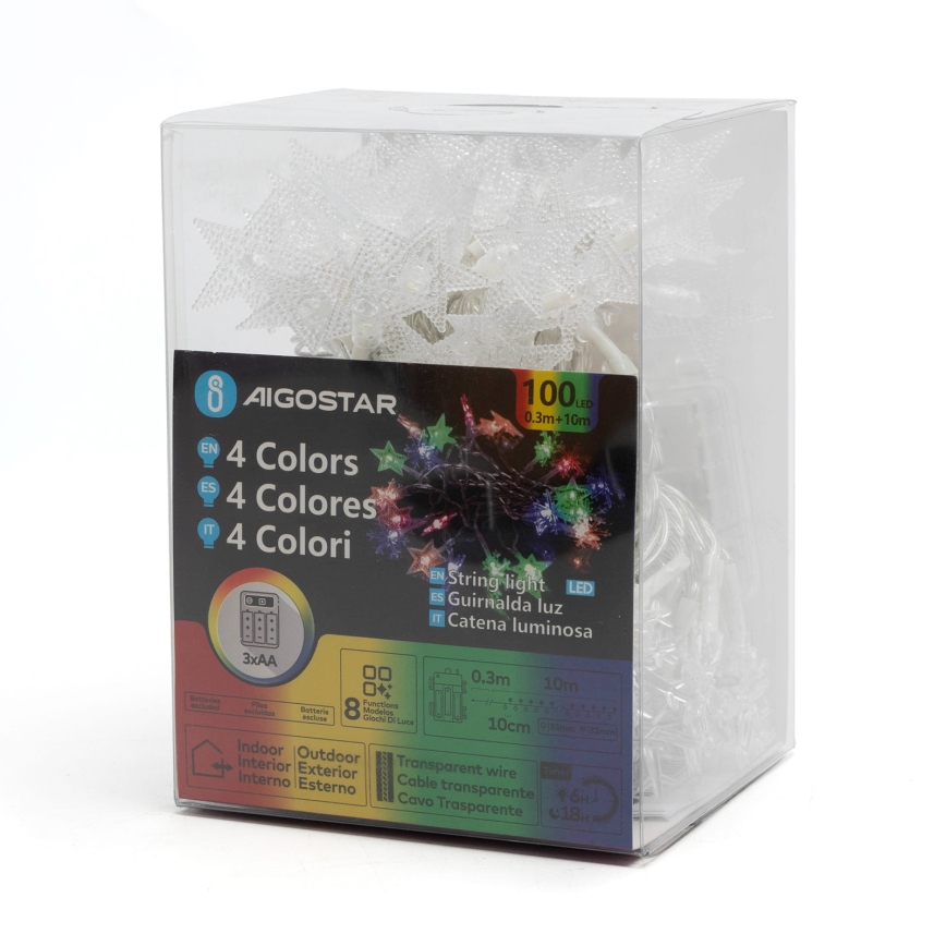 Aigostar - Ghirlandă de Crăciun LED RGBY pentru exterior, 100 LED, 8 moduri, alimentare 3xAA, 10 m, IP44, LED-uri în formă de stea