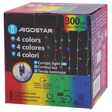 Aigostar - Instalație luminoasă LED RGBY pentru exterior, 300 LED-uri, 8 funcții, 3 x 1 m, IP44, cu telecomandă inclusă