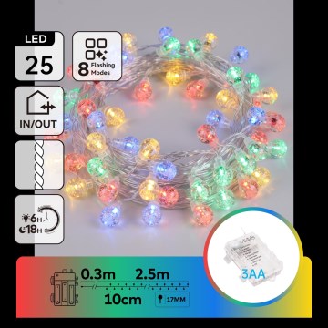 Aigostar - Ghirlandă de Crăciun pentru exterior cu 25 LED, 8 funcții, 3xAA, 2,8 m, IP44, multicoloră