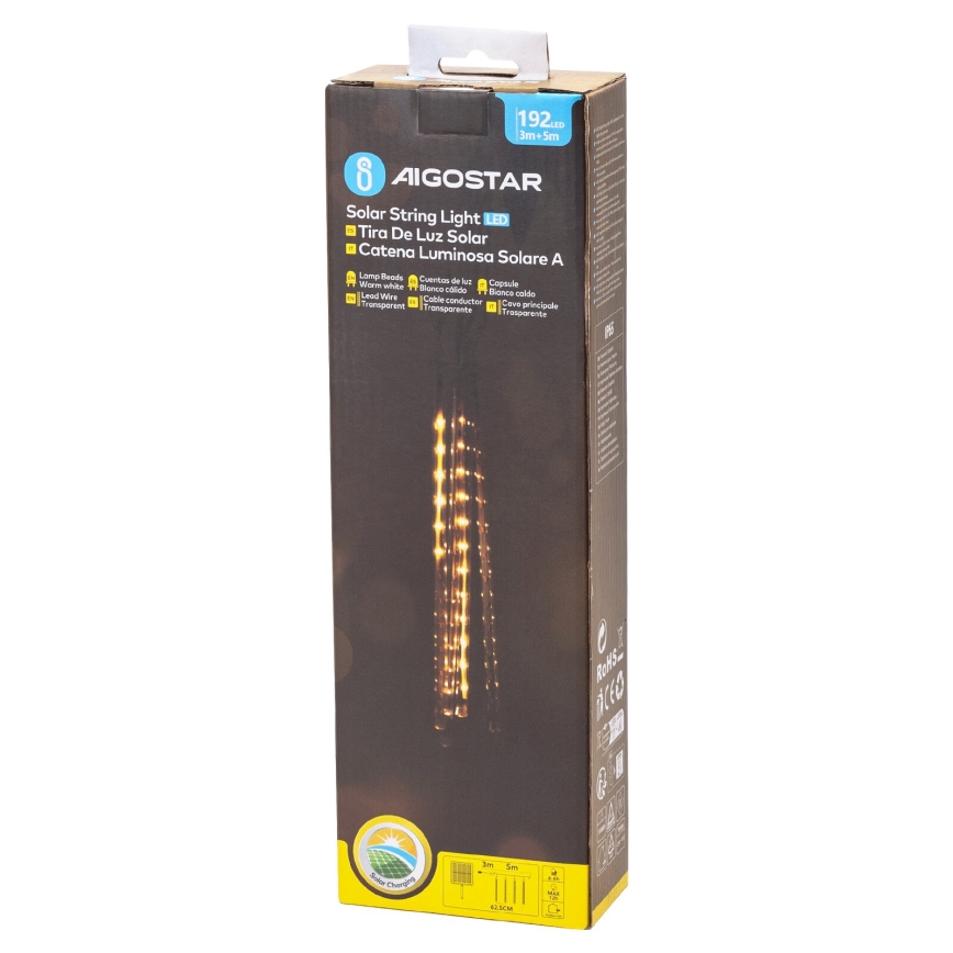 Aigostar - Ghirlandă LED solară de Crăciun 192xLED/8m IP65 1200 mAh alb cald