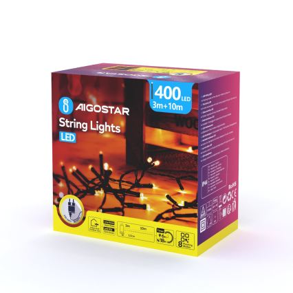 Aigostar - Ghirlandă de exterior cu LED pentru Crăciun 400xLED/8 funcții 13m IP44 alb cald