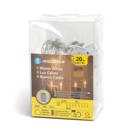 Aigostar - Ghirlandă decorativă cu cleme 20xLED/3xAA 3,3m alb cald