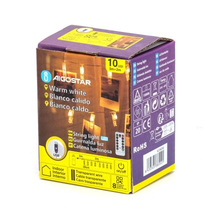 Aigostar - Ghirlandă decorativă cu LED 10xLED/5W/USB 5 m alb cald