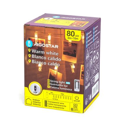 Aigostar - Ghirlandă decorativă cu LED 80xLED/5W/USB, 13 m, alb cald