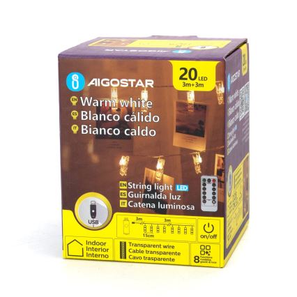 Aigostar - Ghirlandă decorativă LED, 20 x LED, 5 W, USB, 6 m, alb cald
