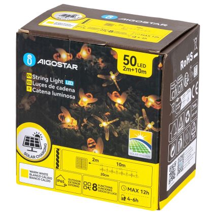 Aigostar - Ghirlandă solară decorativă cu LED 50 LED/8 funcții 10 m 800 mAh IP65 alb cald