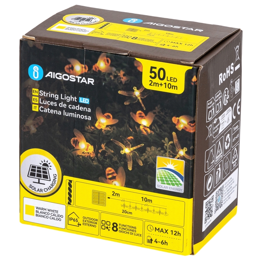 Aigostar - Ghirlandă solară decorativă cu LED 50 LED/8 funcții 10 m 800 mAh IP65 alb cald