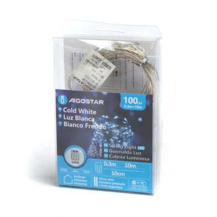 Aigostar - Ghirlandă LED, 100 de LED-uri, alimentare cu 3 baterii AA, 10,3 m, alb rece