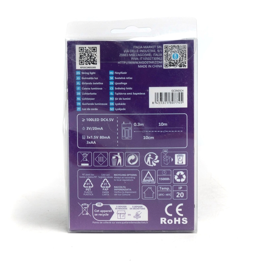 Aigostar - Ghirlandă LED, 100 de LED-uri, alimentare cu 3 baterii AA, 10,3 m, alb rece