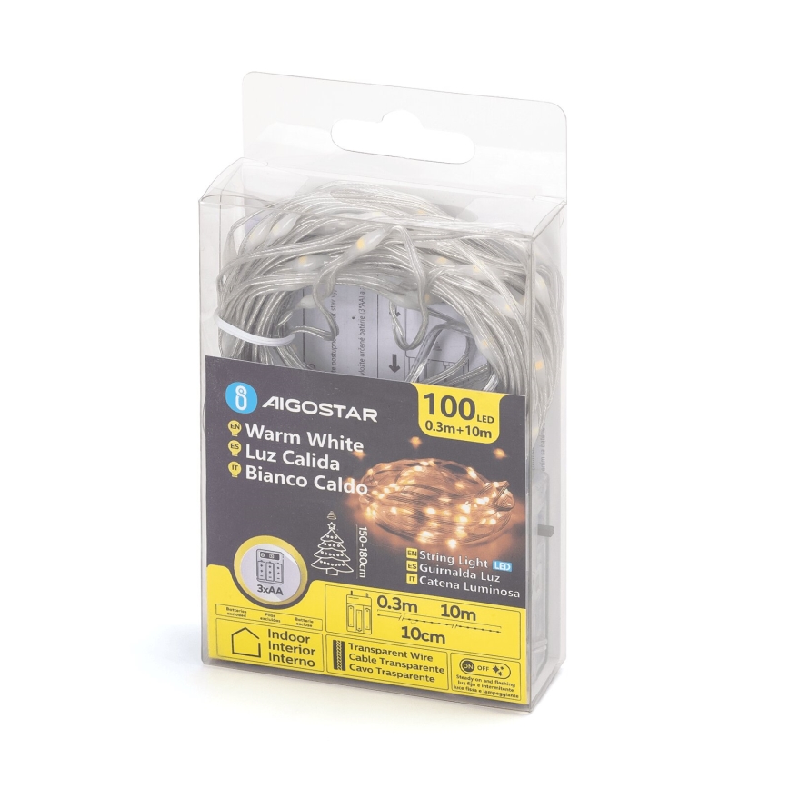 Aigostar - Ghirlandă LED, 100 LED, 10,3 m, alimentare 3x AA, alb cald