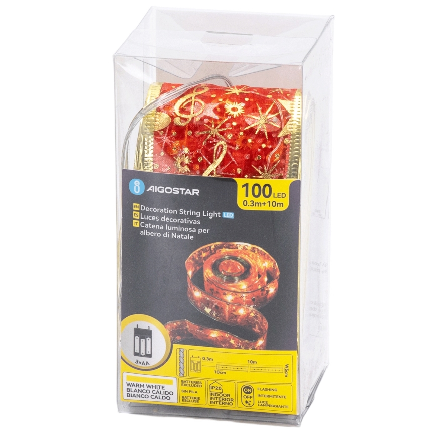 Aigostar - Ghirlandă LED 100xLED/3xAA 10 m alb cald roșu