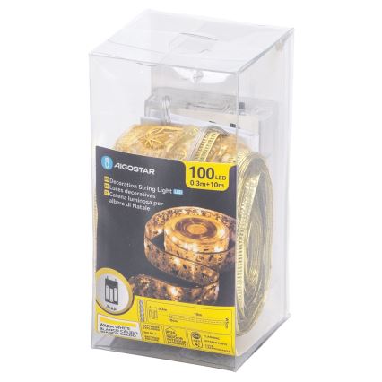 Aigostar - Instalație luminoasă cu 100 LED, alimentare 3xAA, 10 m, alb cald, auriu