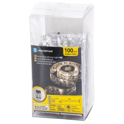 Aigostar - Ghirlandă LED, 100 LED/3xAA, 10 m, alb cald, argintiu