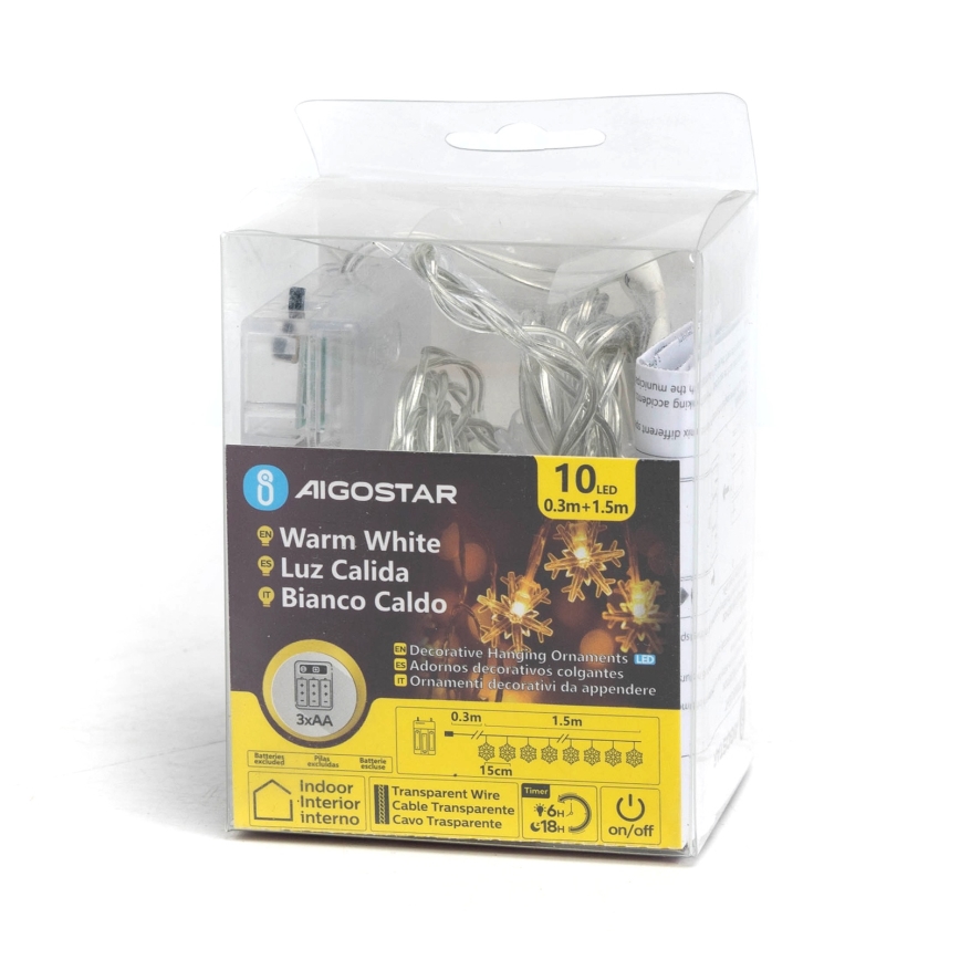 Aigostar - Ghirlandă LED 10xLED/3xAA 1,5m alb cald, fulgi de zăpadă