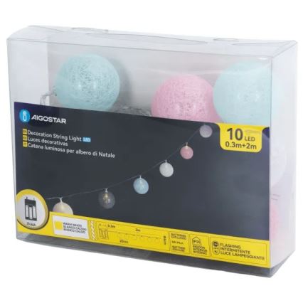 Aigostar - Ghirlandă LED 10xLED/3xAA 2m alb cald