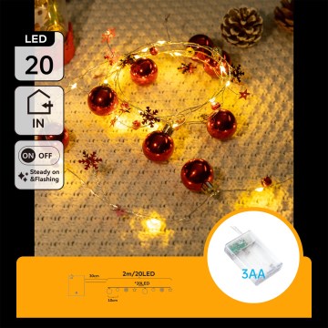 Aigostar - Ghirlandă LED, 20 LED, 2 m, alimentare 3x AA, alb cald