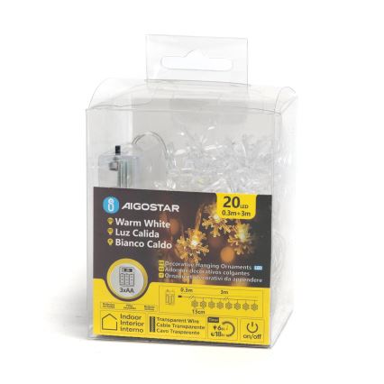 Aigostar - Ghirlandă LED, 20 LED, 3x AA, 3,3 m, fulgi de zăpadă