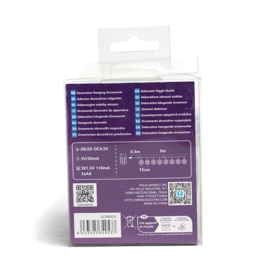 Aigostar - Ghirlandă LED, 20 LED, 3x AA, 3,3 m, fulgi de zăpadă