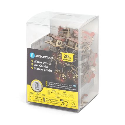 Aigostar - Ghirlandă LED 3 m, 20 LED, alimentare 3xAA, alb cald, ren