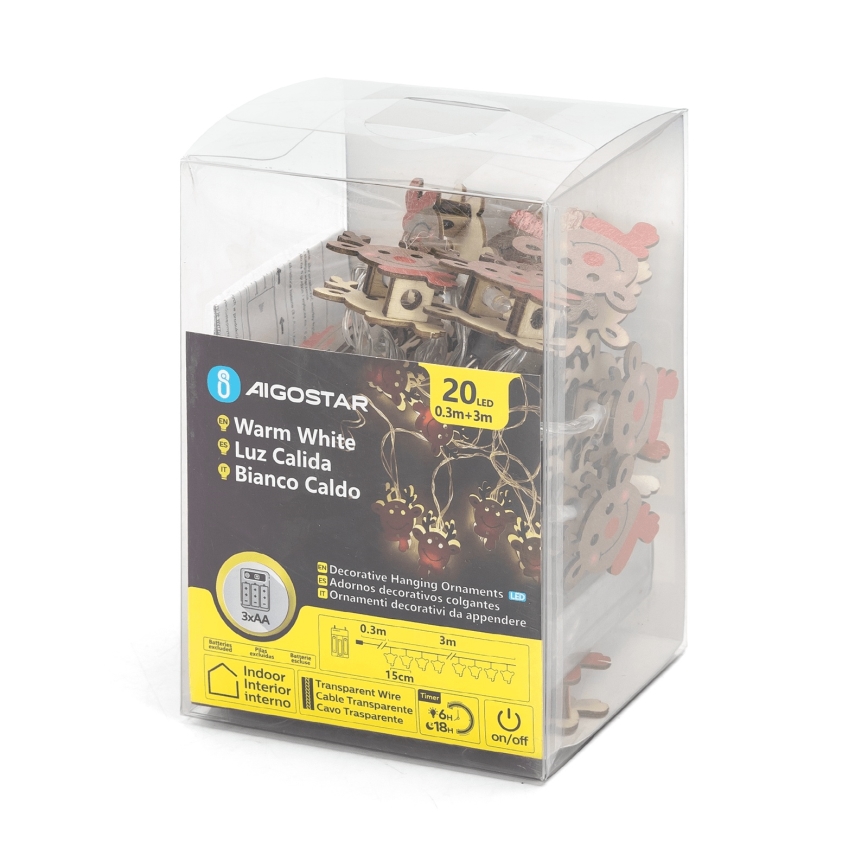 Aigostar - Ghirlandă LED 3 m, 20 LED, alimentare 3xAA, alb cald, ren