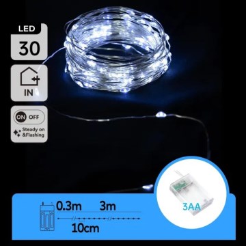 Aigostar - Ghirlandă LED 30 LED, alimentare 3xAA, 3,3 m, alb rece