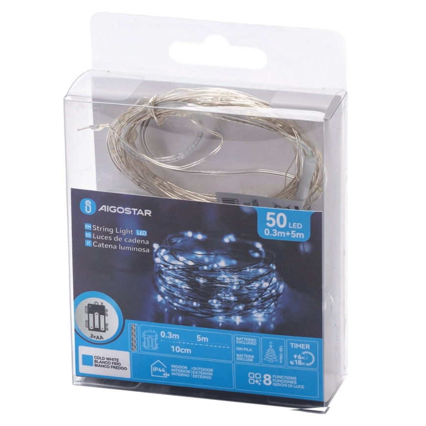 Aigostar - Ghirlandă LED pentru exterior 50xLED/3xAA IP44 5,3 m alb rece