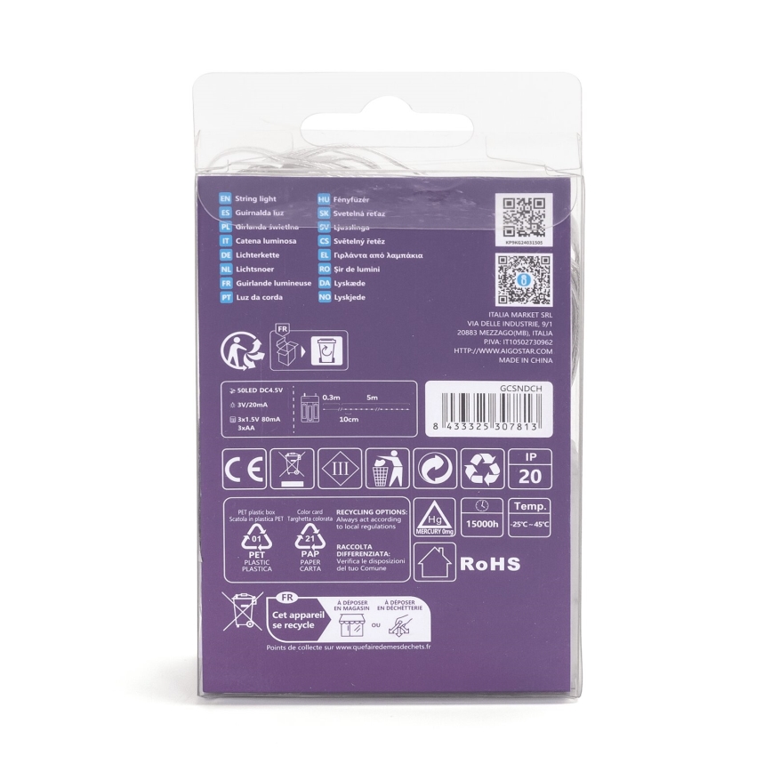 Aigostar - Ghirlandă LED, 50 LED, 3xAA, 5,3 m, alb cald