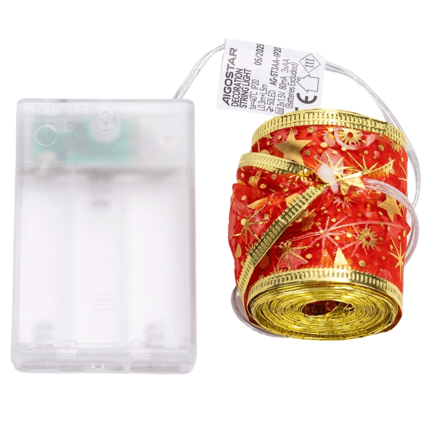 Aigostar - Ghirlandă LED, 50 LED, 5 m, alb cald, roșu, alimentare 3xAA