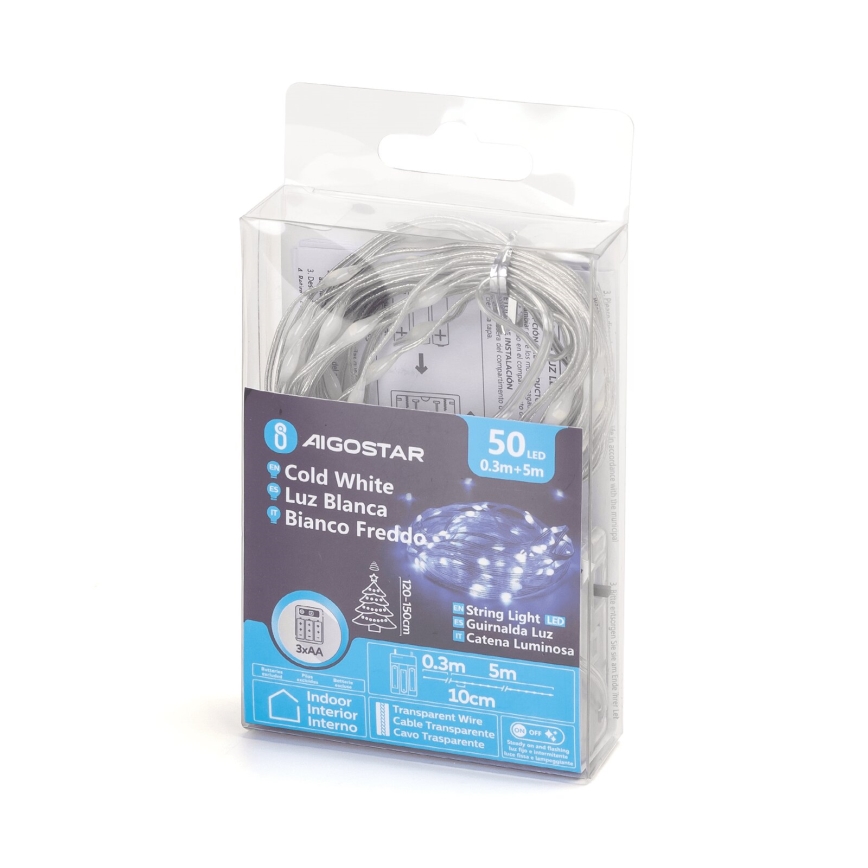 Aigostar - Ghirlandă LED 50 LED, alimentare 3 x AA, 5,3 m, alb rece