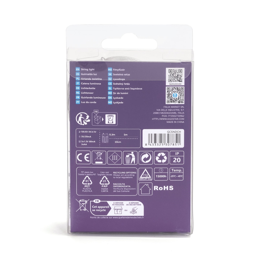 Aigostar - Ghirlandă LED 50 LED, alimentare 3 x AA, 5,3 m, alb rece