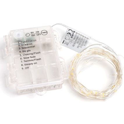 Aigostar - Ghirlandă LED pentru exterior, 50 LED-uri, 8 moduri, alimentare 3x AA, 5,3 m, alb cald