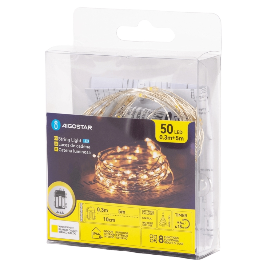 Aigostar - Ghirlandă LED pentru exterior, 50 LED-uri, 8 moduri, alimentare 3x AA, 5,3 m, alb cald