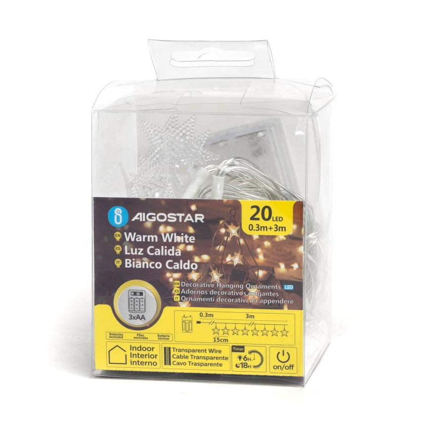 Aigostar - Ghirlandă LED cu 20 LED-uri, 3x baterii AA, 3,3 m, motive stea