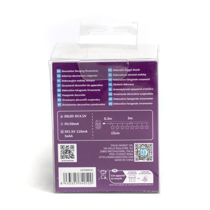 Aigostar - Ghirlandă LED cu 20 LED-uri, 3x baterii AA, 3,3 m, motive stea