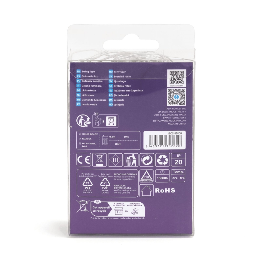 Aigostar - Ghirlandă LED de Crăciun 100xLED/3xAA 10,3m alb cald