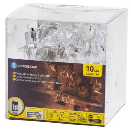 Aigostar - Ghirlandă LED de Crăciun, 10xLED, alimentare 3xAA, 1,5 m, alb cald, cu reni