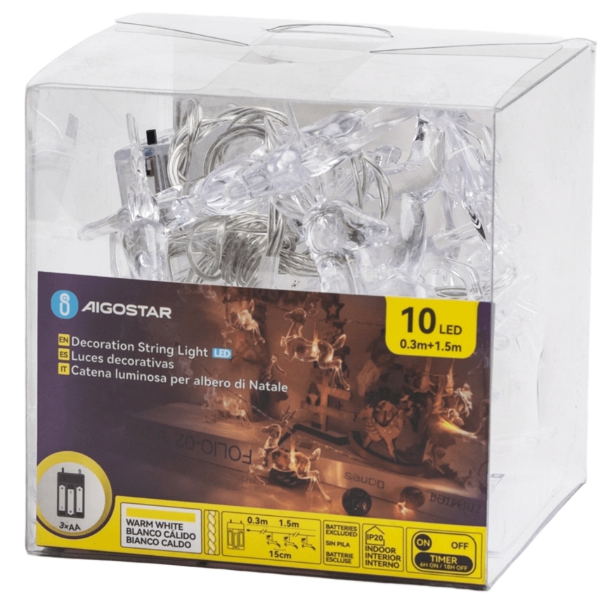 Aigostar - Ghirlandă LED de Crăciun, 10xLED, alimentare 3xAA, 1,5 m, alb cald, cu reni
