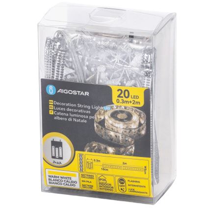 Aigostar - Ghirlandă LED de Crăciun 20xLED/3xAA, 2 m, alb cald, argintiu