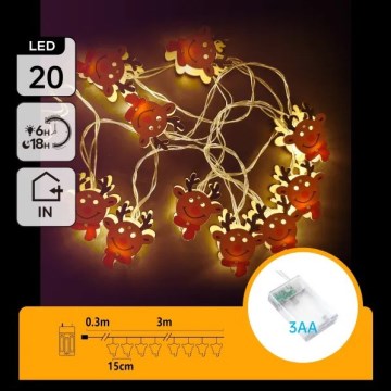 Aigostar - Ghirlandă LED de Crăciun 20xLED/3xAA, 3 m, alb cald, ren