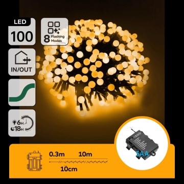 Aigostar Ghirlandă LED de Crăciun pentru exterior, 100 LED, 8 funcții, 3xAA, 10,3 m, IP44, alb cald