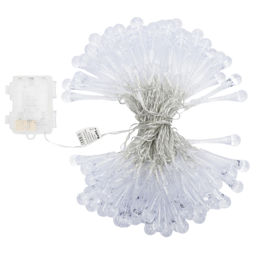 Aigostar - Instalație luminoasă LED de exterior pentru Crăciun, 100 LED, 8 funcții, alimentare 3xAA, 10 m, IP44, alb rece, picături