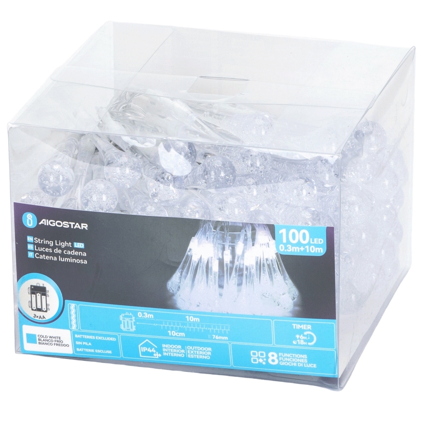 Aigostar - Instalație luminoasă LED de exterior pentru Crăciun, 100 LED, 8 funcții, alimentare 3xAA, 10 m, IP44, alb rece, picături