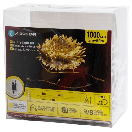 Aigostar - Ghirlandă LED de exterior pentru Crăciun, 50 m, 1000 LED-uri, 8 funcții, IP44, alb cald