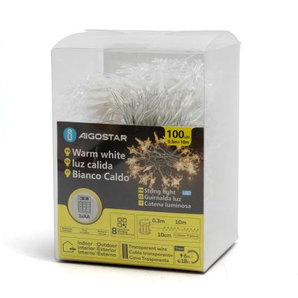 Aigostar - Ghirlandă LED pentru exterior, 100 LED / 8 moduri, alimentare 3xAA, 10 m, IP44, alb cald, decorațiuni în formă de stea