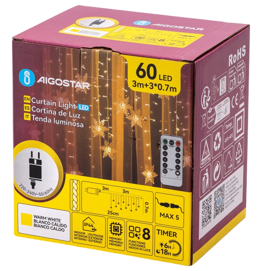 Aigostar - Ghirlandă LED pentru exterior 120xLED/8 funcții 3x0,7 m IP44 alb cald + telecomandă