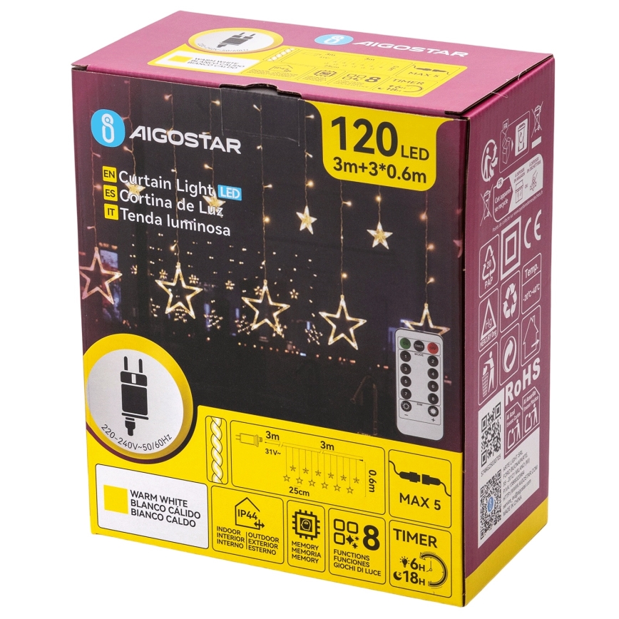 Aigostar - Ghirlandă LED pentru exterior, 120 LED, 8 funcții, 3 x 0,6 m, IP44, alb cald, cu telecomandă